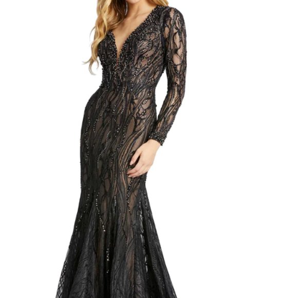 MAC DUGGAL 79291 LONG SLEEVE LACE BEADED ILLUSIONS MERMaid BLACK GOWN sz 14 - Picture 1 of 7